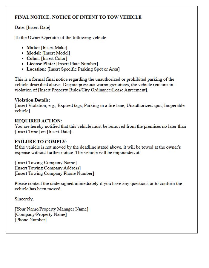 Final Notice Letter Before Vehicle Towing Action