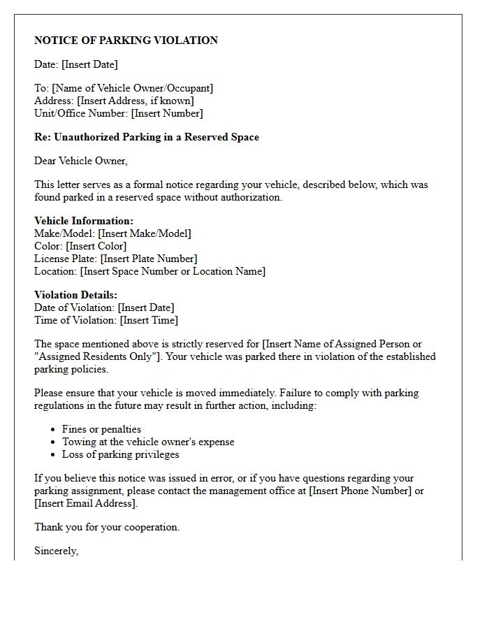 Letter for Parking in a Reserved Space Violation