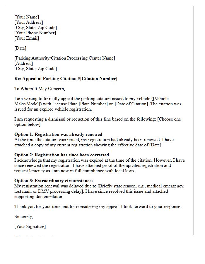 Letter for Expired Vehicle Registration Parking Violation