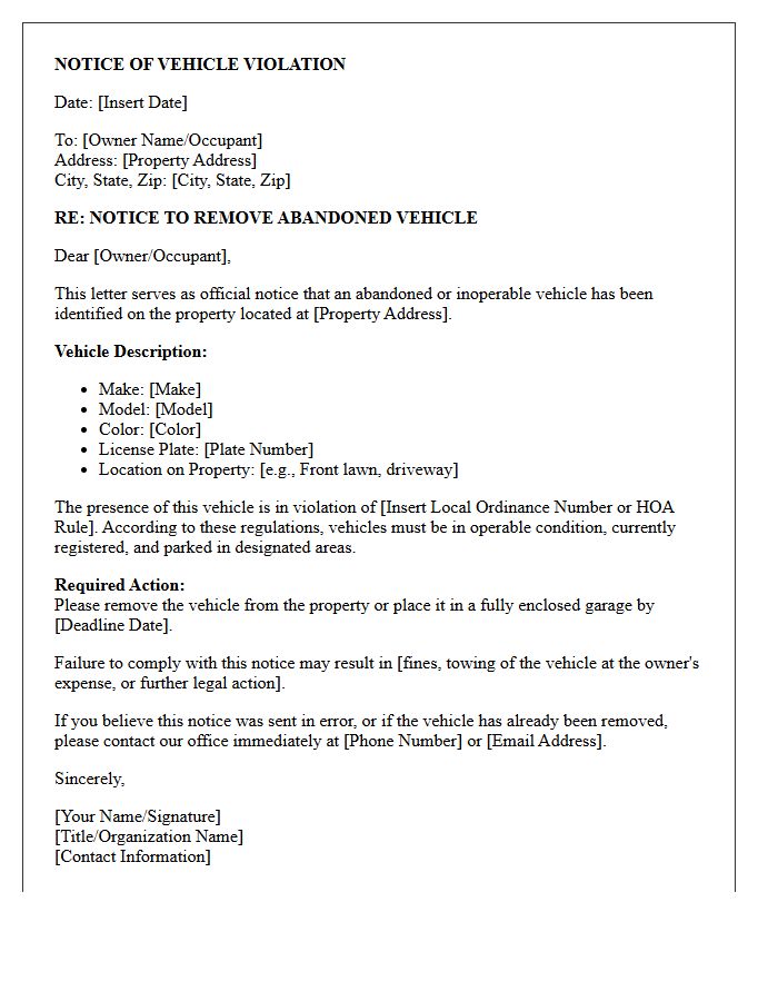 Letter for Abandoned Vehicle on Property Violation