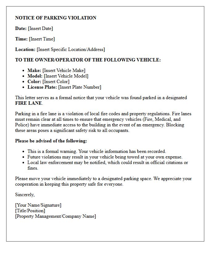 Letter for Blocking Fire Lane Parking Violation