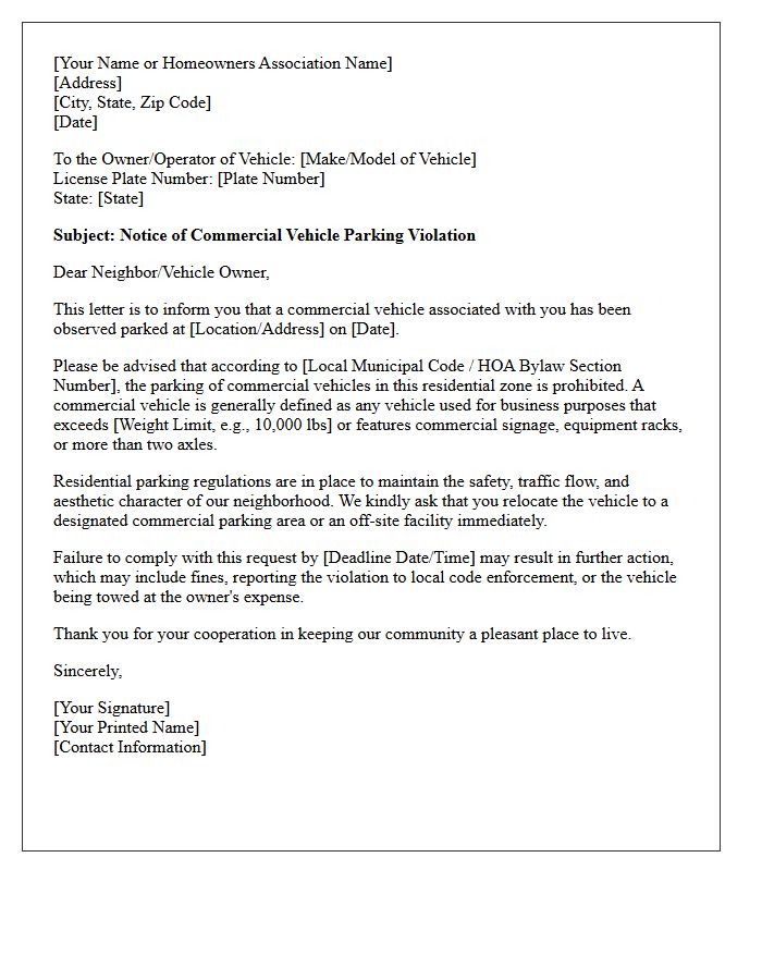 Letter for Parking Commercial Vehicles in Residential Zones