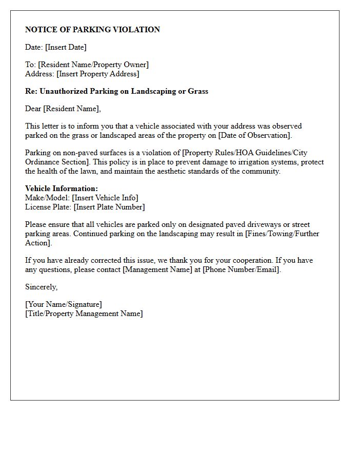 Letter for Parking on Landscaping or Grass Violation