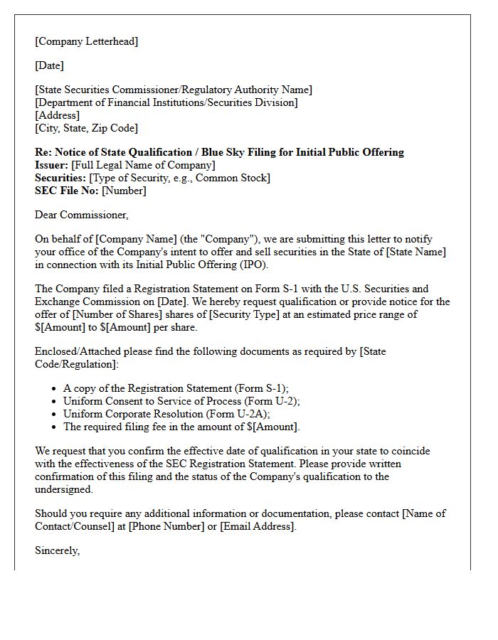 Initial Public Offering State Qualification Letter