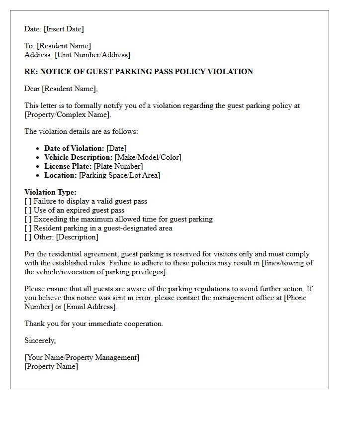Letter for Guest Parking Pass Policy Violation