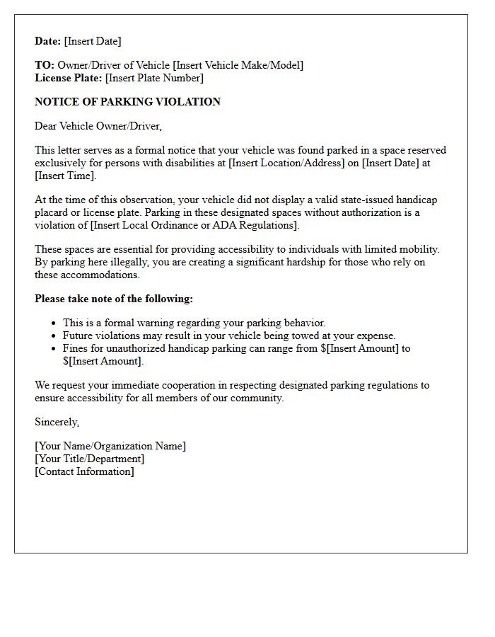 Letter for Unauthorized Handicap Spot Parking Violation