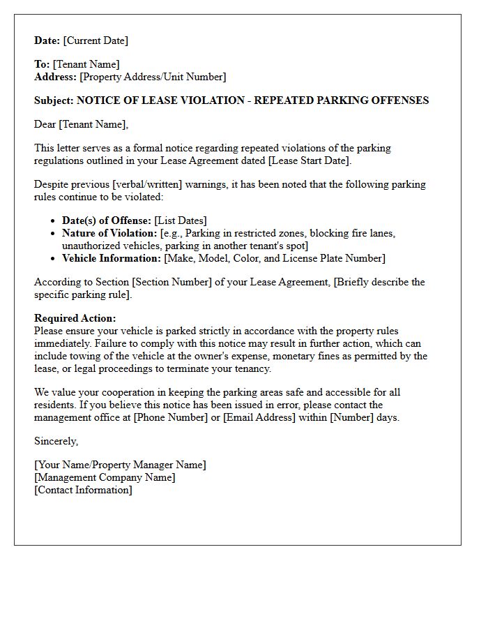 Lease Violation Letter for Repeated Parking Offenses