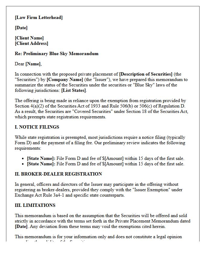 Private Placement Blue Sky Memorandum Letter