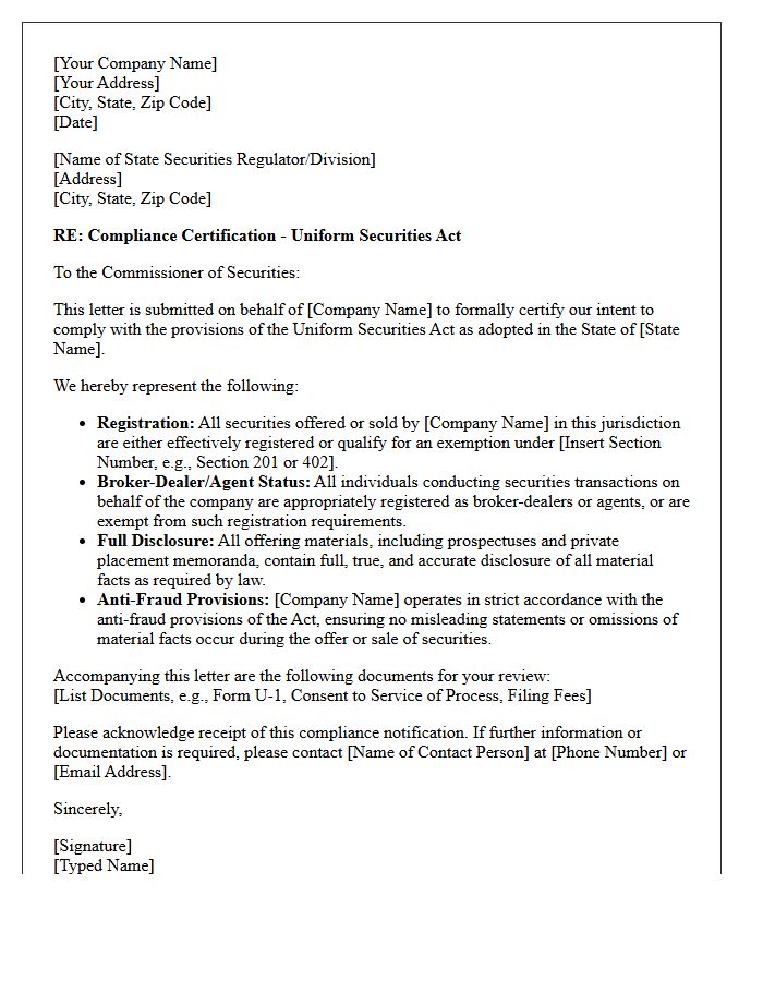 Uniform Securities Act Compliance Letter