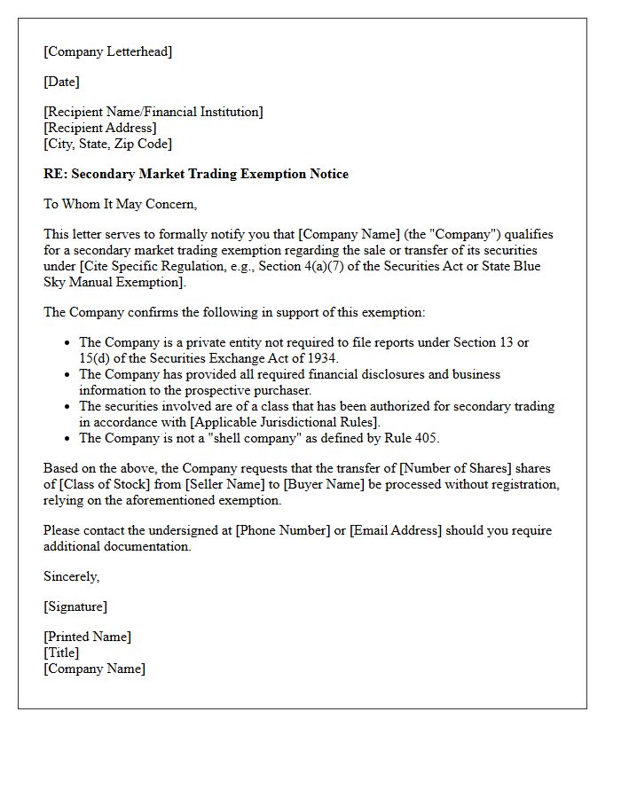 Secondary Market Trading Exemption Letter
