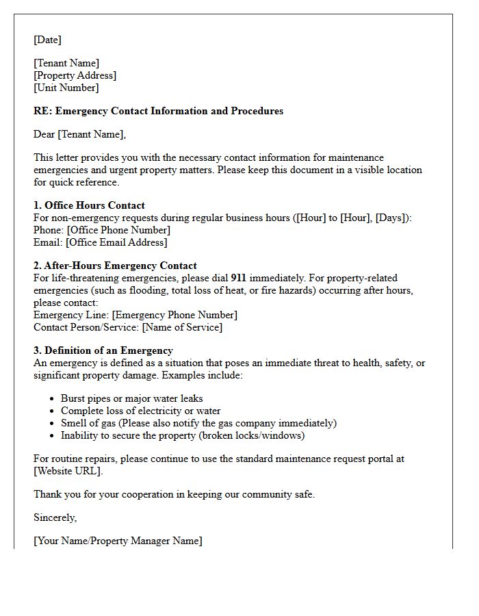 Property Management Emergency Contact Information Letter