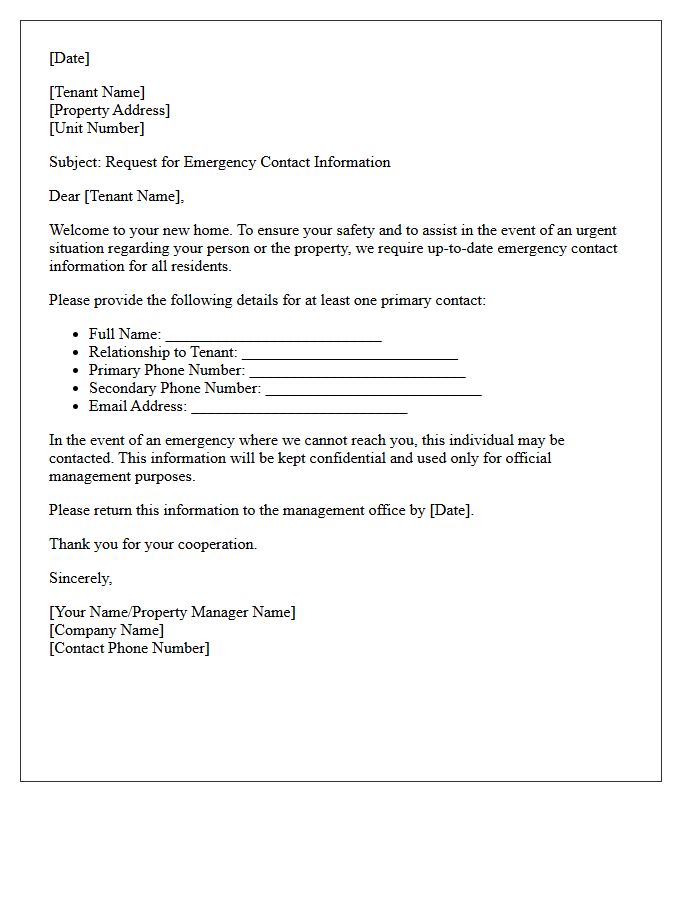 New Tenant Emergency Contact Information Request Letter