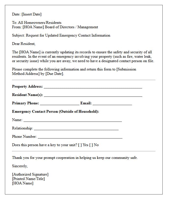 Homeowner Association Emergency Contact Request Letter