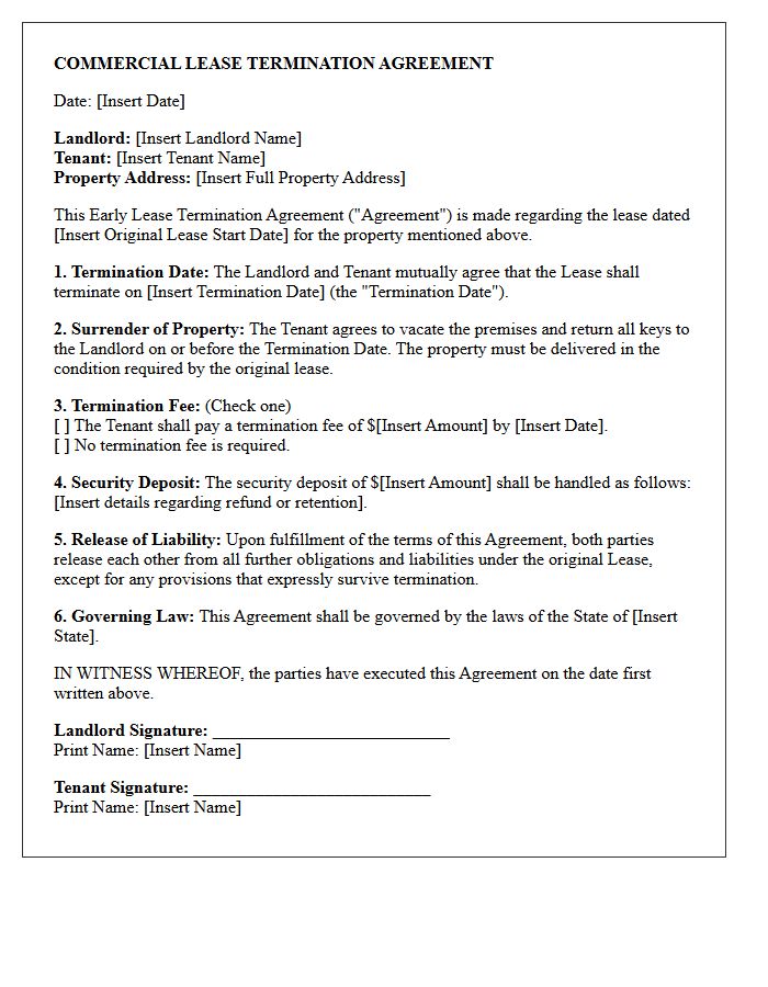 Commercial Property Early Lease Termination Agreement Letter