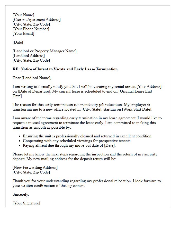 Job Relocation Early Lease Termination Agreement Letter
