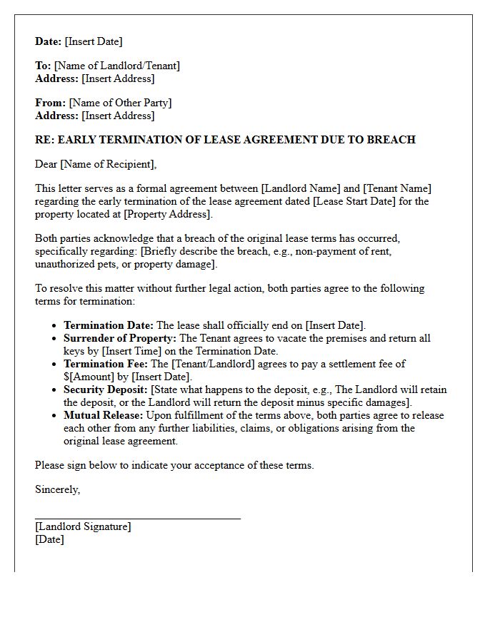 Breach Of Contract Early Lease Termination Agreement Letter