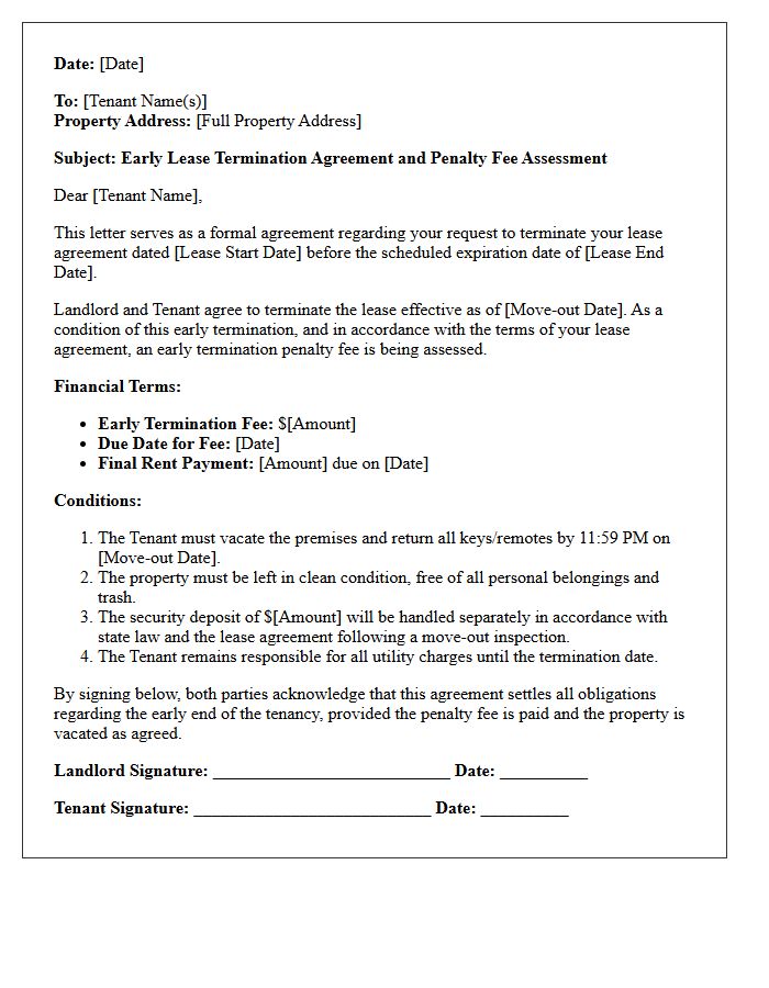Penalty Fee Assessed Early Lease Termination Agreement Letter