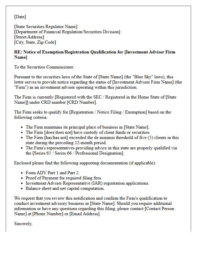 Investment Adviser Blue Sky Qualification Letter