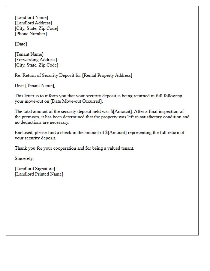 Full Security Deposit Return Letter