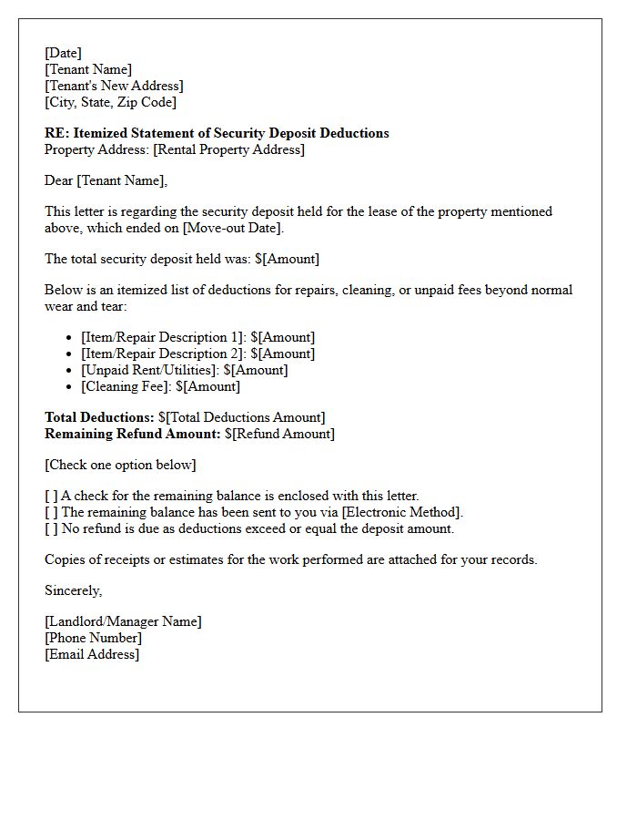Itemized Deduction Security Deposit Letter