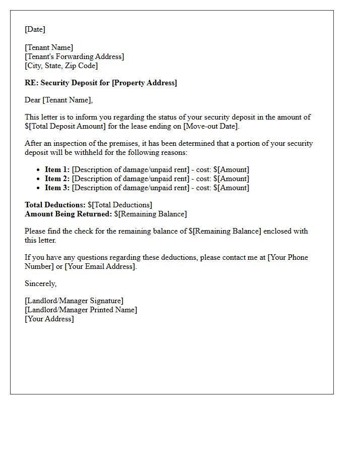 Withheld Security Deposit Notification Letter