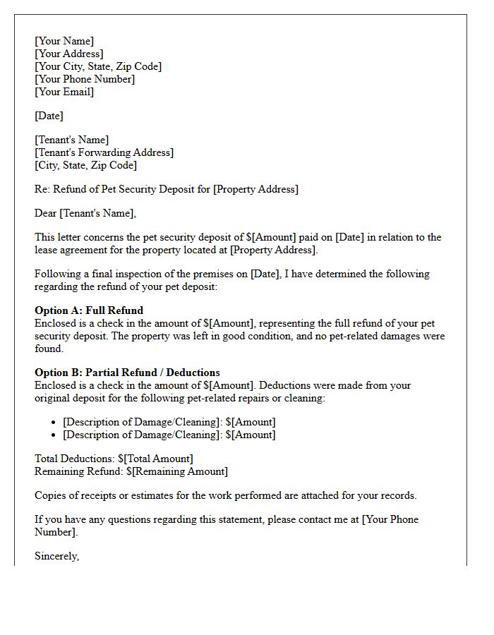 Pet Security Deposit Refund Letter