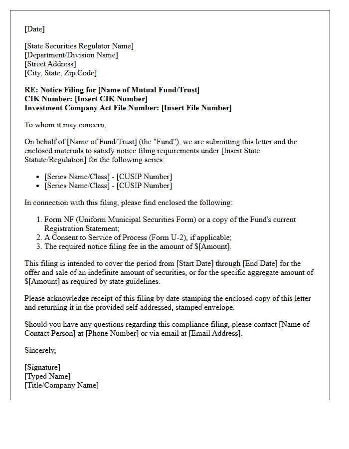 Mutual Fund Notice Filing Compliance Letter