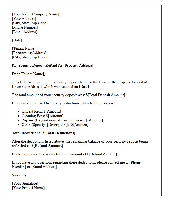 Residential Security Deposit Refund Letter