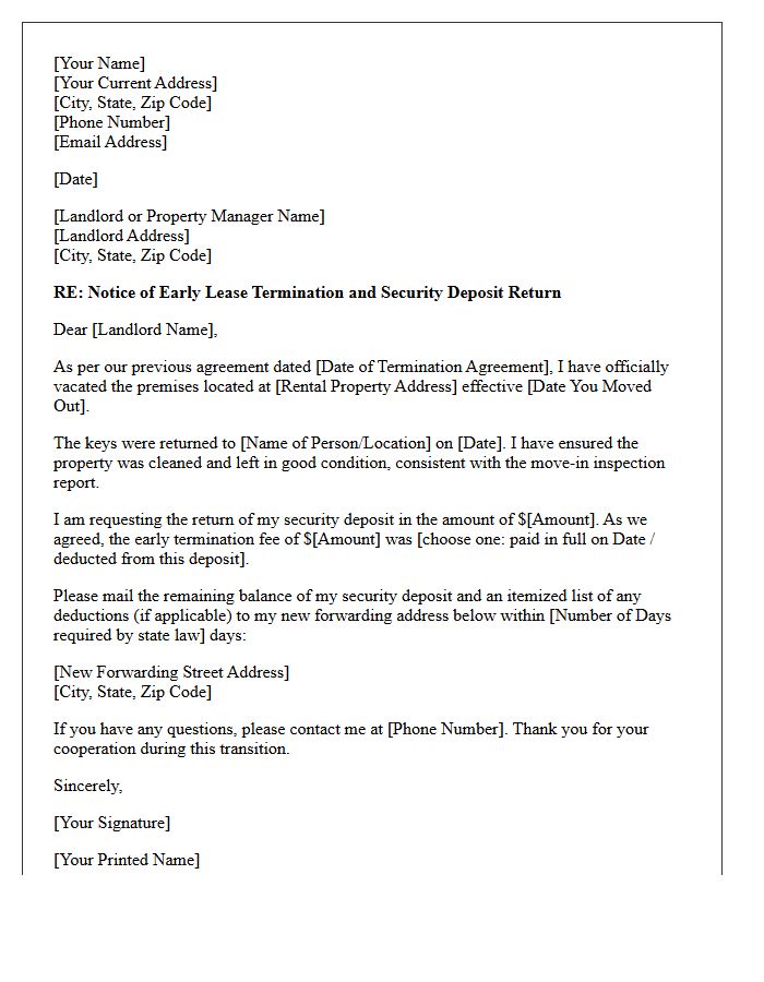 Early Lease Termination Deposit Return Letter