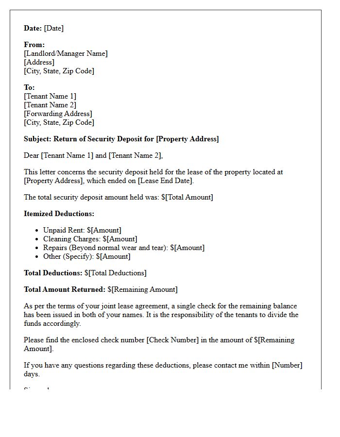 Joint Tenant Security Deposit Return Letter