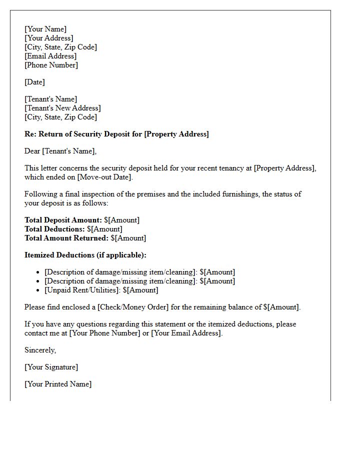 Furnished Property Deposit Return Letter