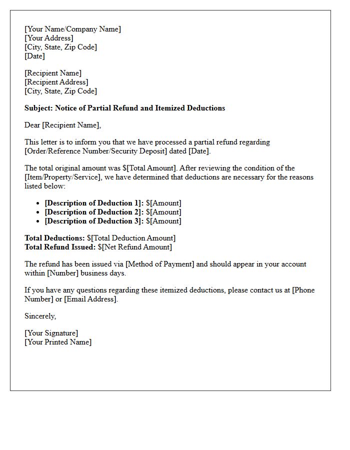 Partial Refund And Itemized Deduction Notice Letter