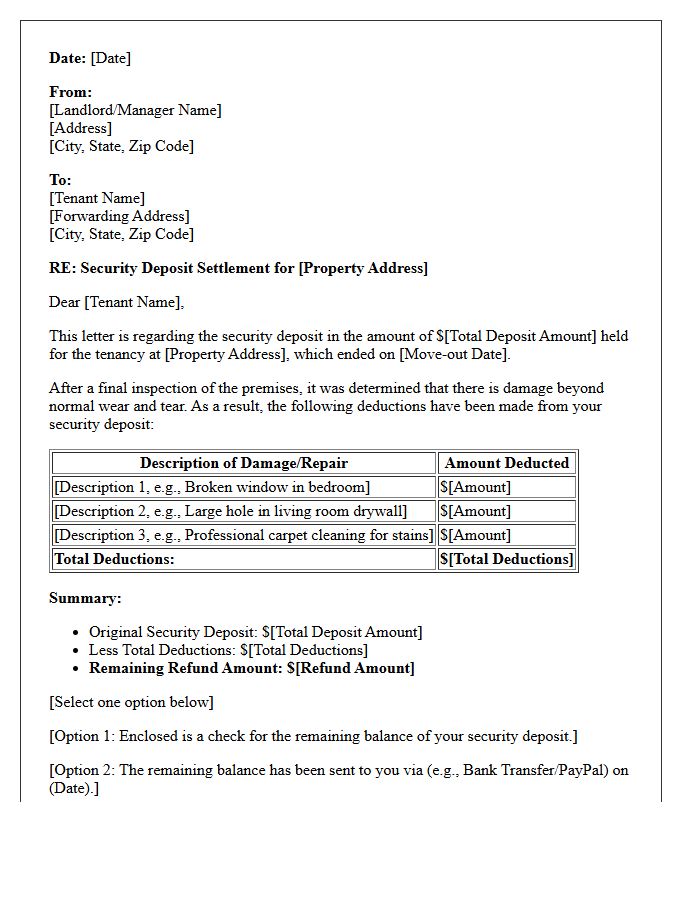 Property Damage Security Deposit Deduction Letter