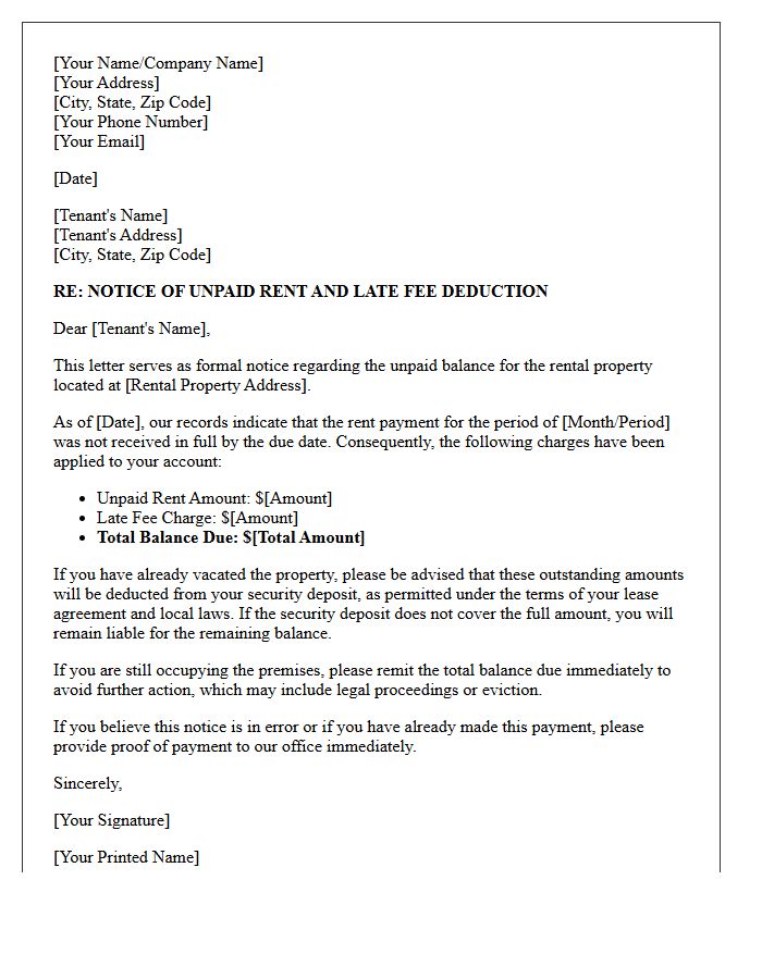 Unpaid Rent And Late Fee Deduction Notice Letter