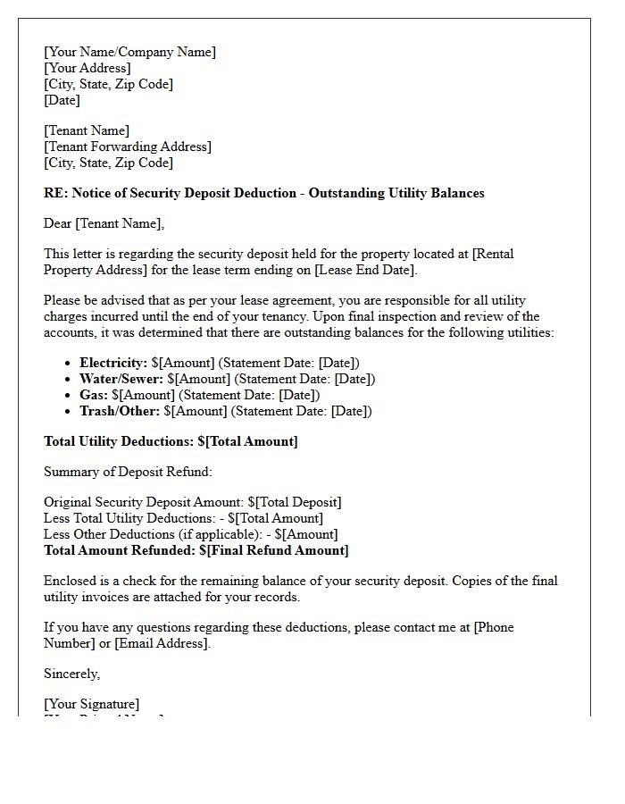 Outstanding Utilities Deposit Deduction Letter