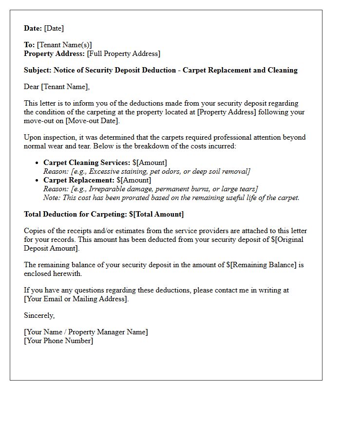 Carpet Replacement And Cleaning Deduction Letter