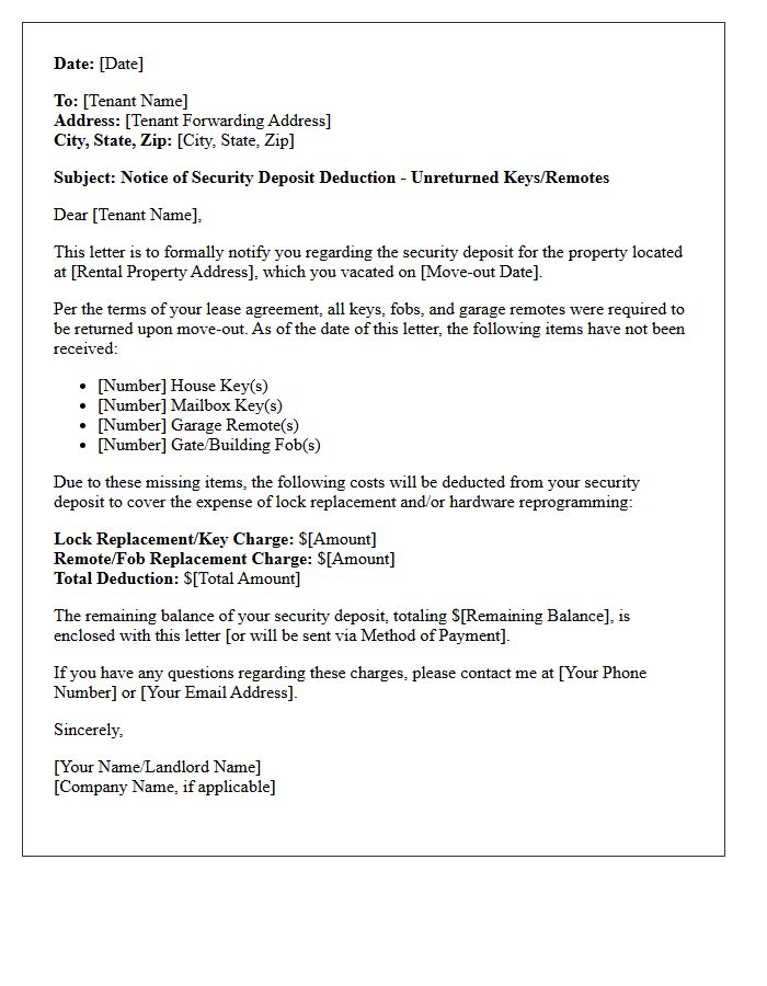 Unreturned Keys And Remotes Deduction Notice Letter
