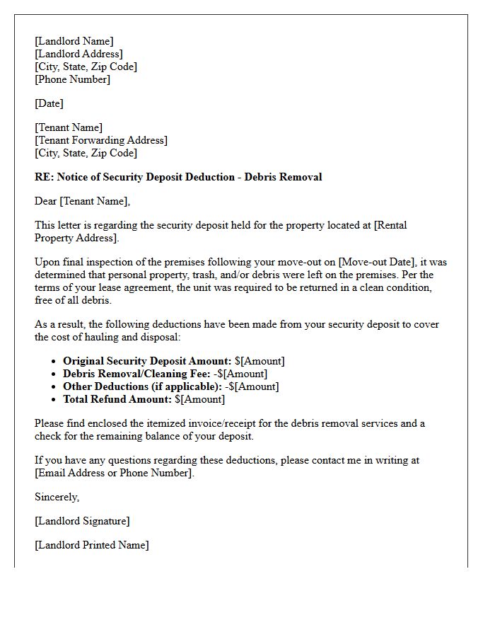 Property Debris Removal Security Deposit Deduction Letter