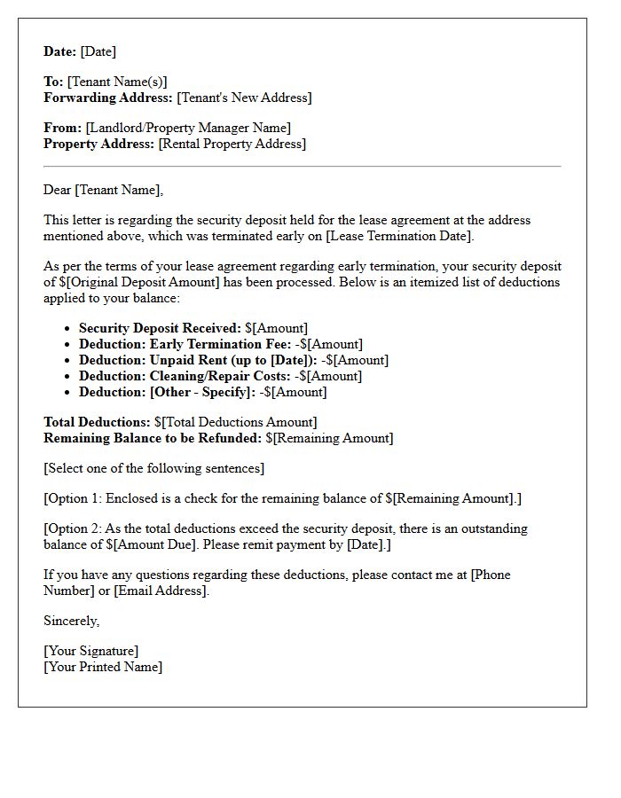 Early Lease Termination Deposit Deduction Letter