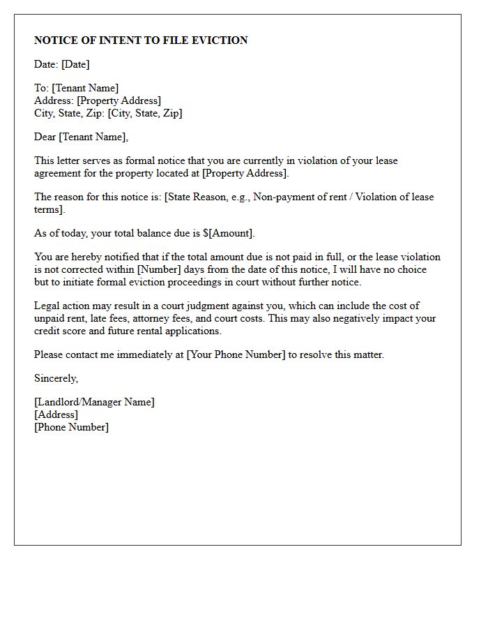 Notice Of Intent To File Eviction Letter