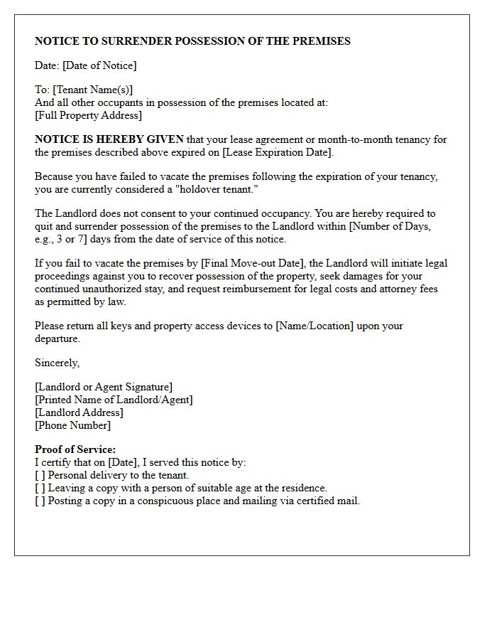 Holdover Tenant Eviction Notice Letter