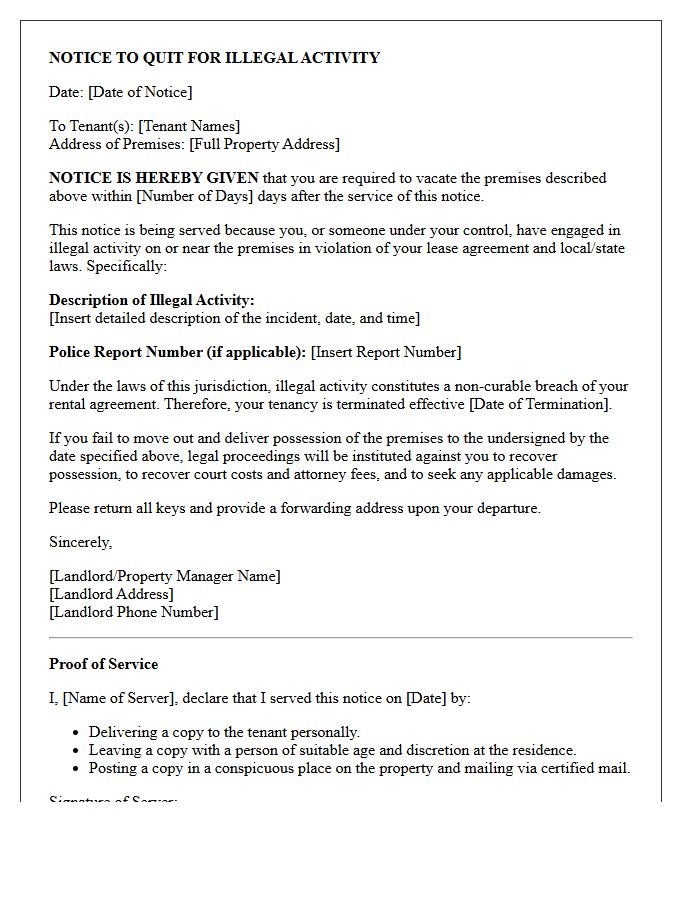 Illegal Activity Eviction Notice Letter