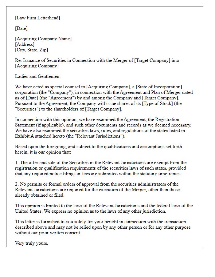 Mergers And Acquisitions Blue Sky Opinion Letter