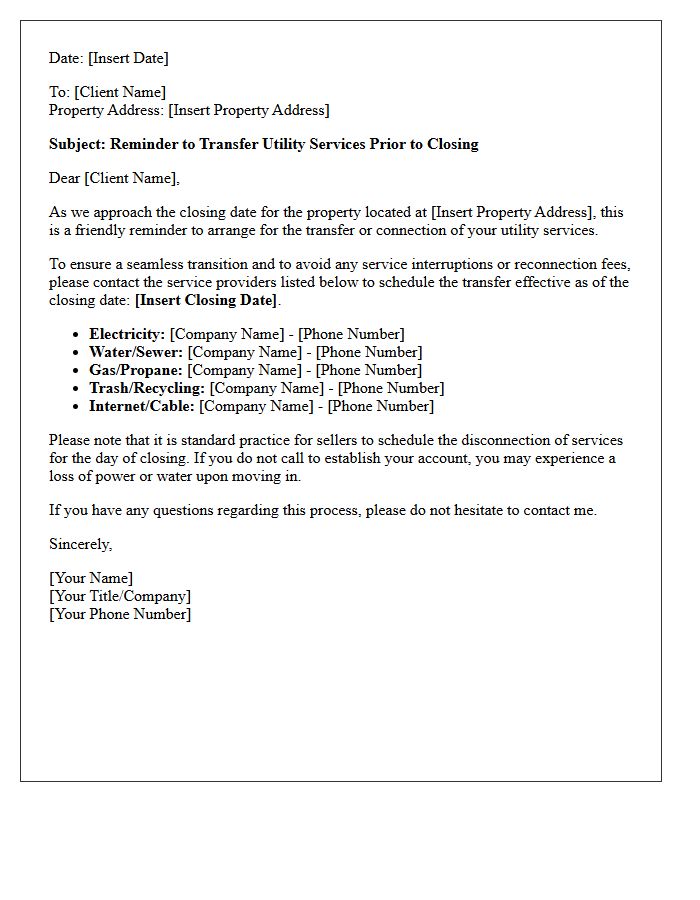 Pre-Closing Utility Service Transfer Reminder Letter