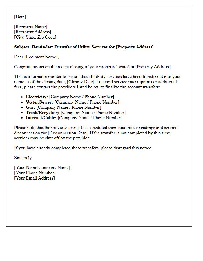 Post-Closing Utility Service Transfer Reminder Letter