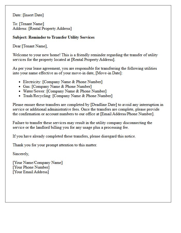 Utility Service Transfer Reminder Letter for New Tenants
