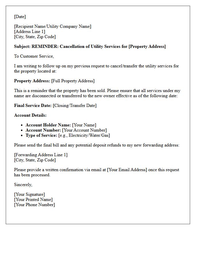 Seller Utility Service Transfer Cancellation Reminder Letter