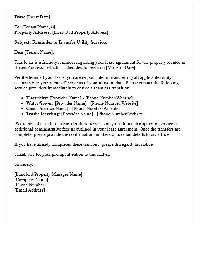 Lease Agreement Utility Service Transfer Reminder Letter