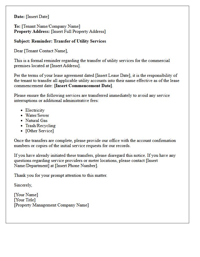 Commercial Property Utility Service Transfer Reminder Letter