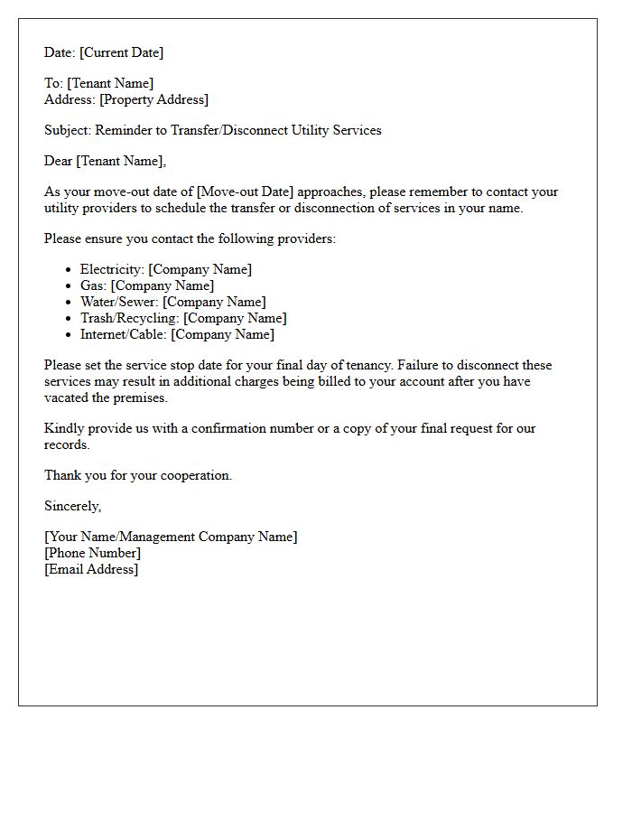 Residential Move-Out Utility Service Transfer Reminder Letter